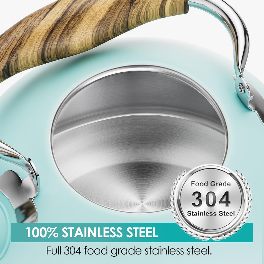 2.6 Quart Tea Kettle Stovetop Whistling Stainless Steel Wood Pattern Blue
