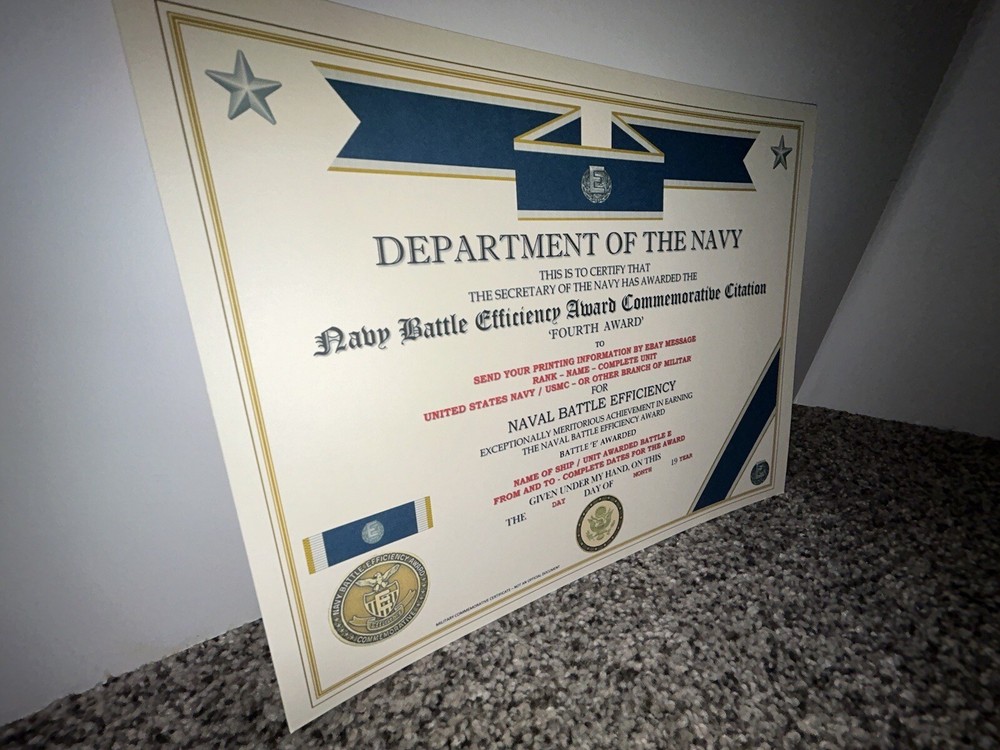 NAVY BATTLE E CITATION~4TH AWARD COMMEMORATIVE CERTIFICATE ~ TYPE-2 / W/PRINTING