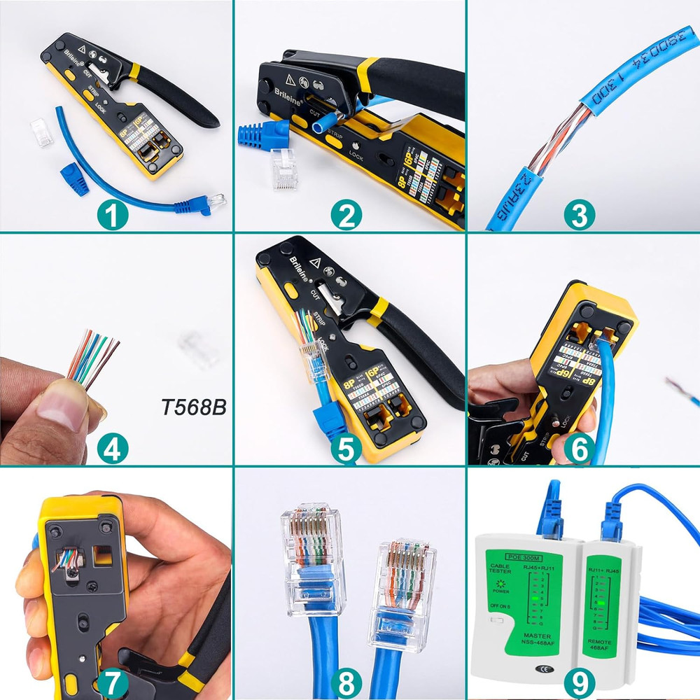 RJ45 Crimp Tool Pass through Kit Ethernet Crimper Cat5 Cat5E Cat6 Crimping Tool