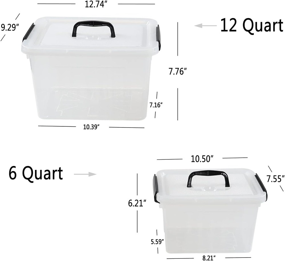 12 Quart & 6 Quart Plastic Latching Storage Container Box with Handle, 2 Pack...