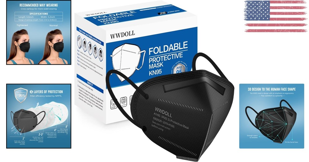 Protective KN95 Face Mask - 5-Layer Breathable Disposable - Black - 25 Pack