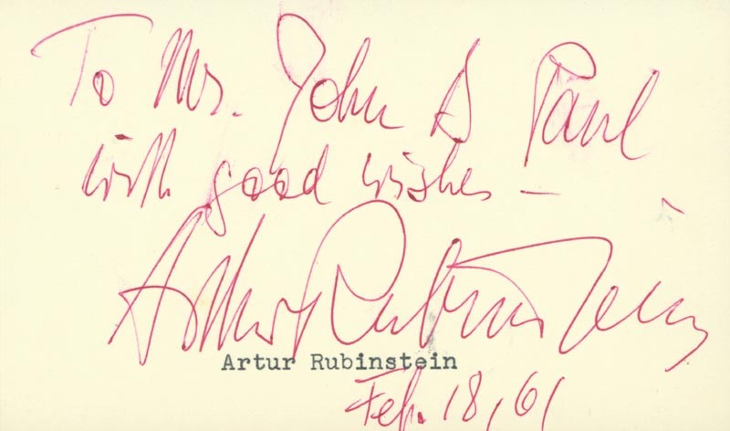 ARTHUR RUBINSTEIN - INSCRIBED SIGNATURE 02/18/1961