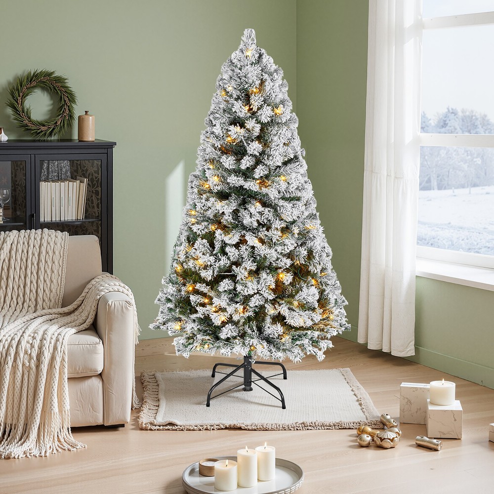 VEVOR Christmas Tree 4ft Prelit Flocked Artificial Tree 120 Warm White LED Light