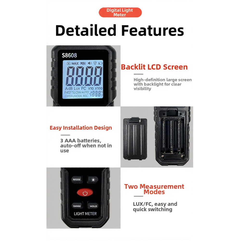 S8608 Digital Lux Meter Backlit Screen High Sensitivity Sensor Reliable