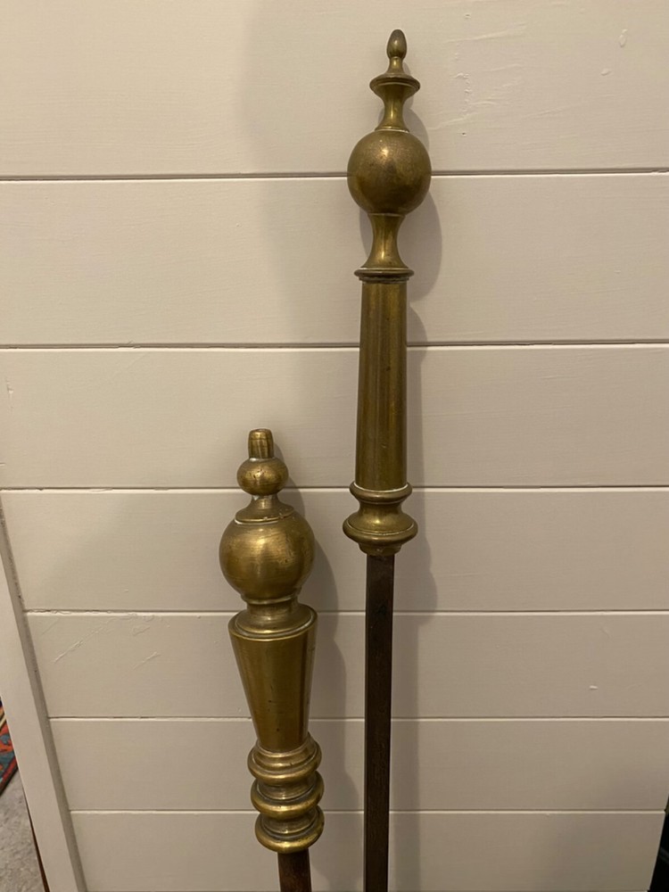 Massive 19th C. Brass & Iron Fireplace Poker & Fork & Iron Stand