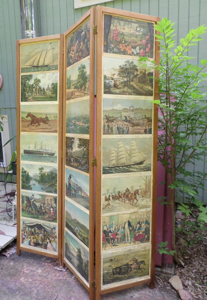 Vintage 3 Panel Folding Room Divider Privacy Dressing Screen Currier Ives Prints