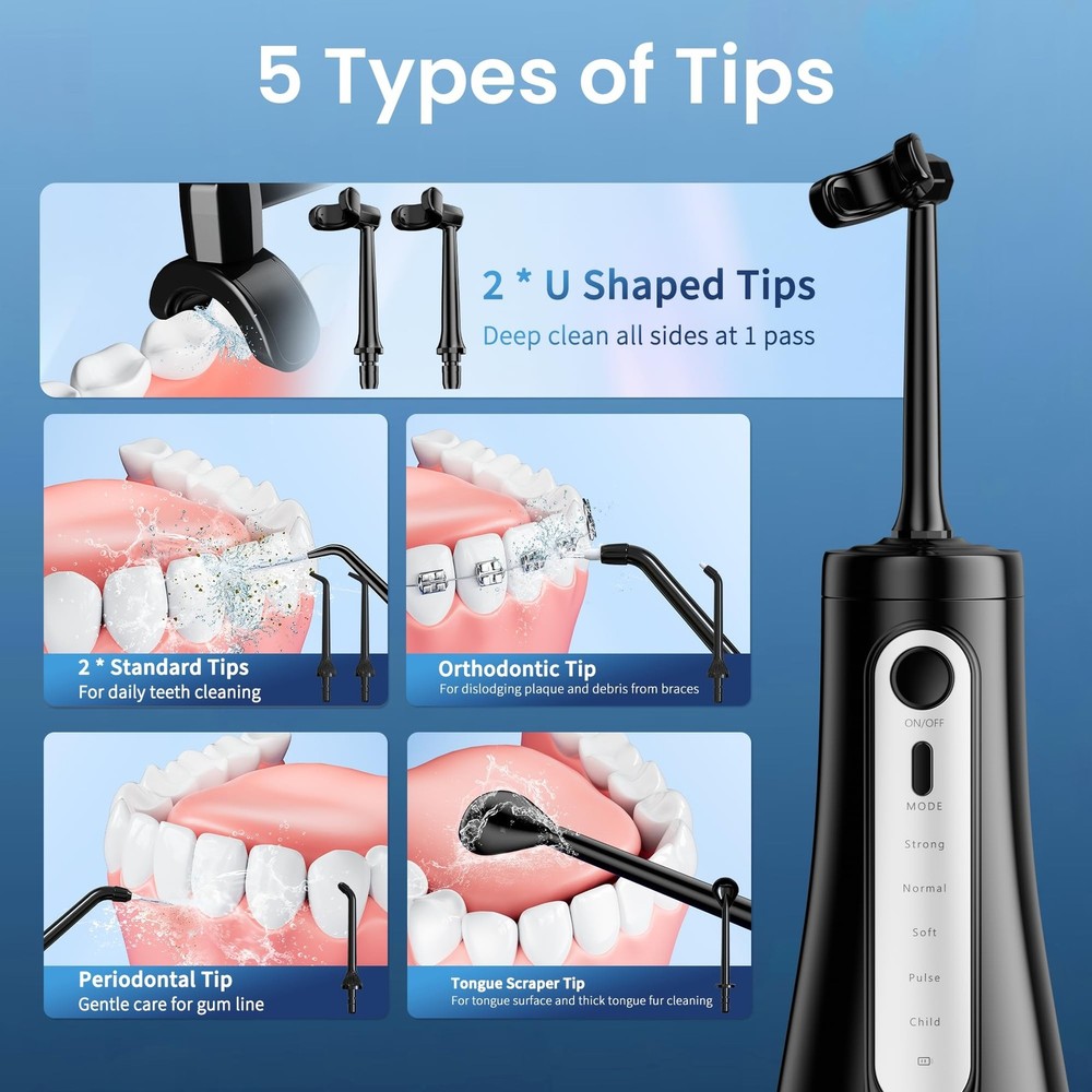 Cordless Water Flosser for Teeth, U-Shaped Flossing 360° Deep Clean, 5 Mode
