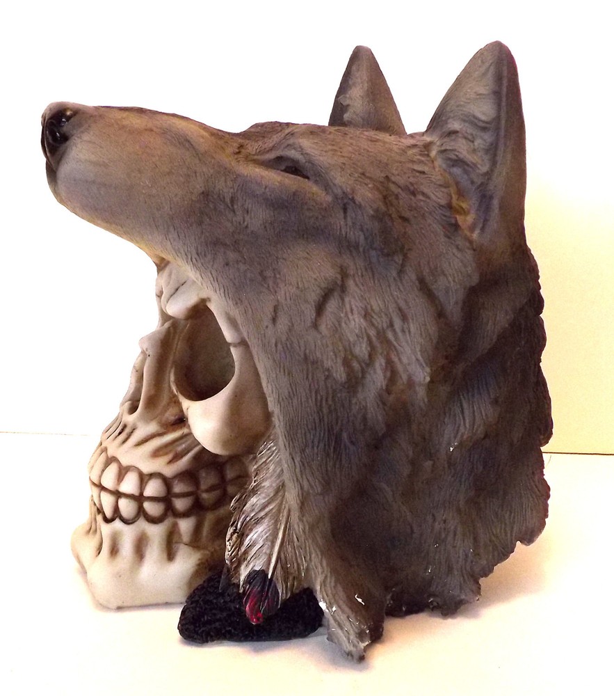 Skull with Wolf Hat Figurine Statue Skeleton Halloween