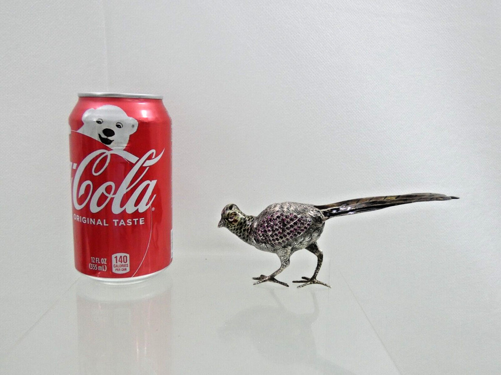 ANTIQUE AUSTRIAN Vienna SILVER ENAMEL MINIATURE BIRD PHEASANT gemset real ruby
