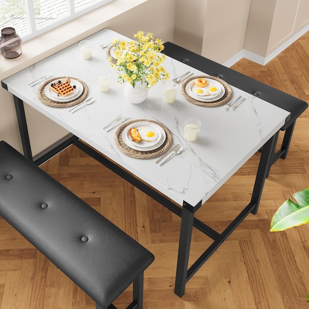 3pcs Dining Room Table Set ,Kitchen Table Set and 2 Upholstered Benches ,Dinette