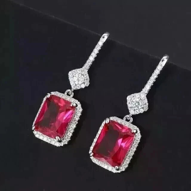 4Ct Emerald Cut Lab Created Red Ruby Drop Dangle Earrings 14K White Gold Plated