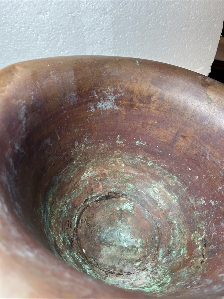 Primitive Copper Mixing Basin Rounded Base Rolled Rim Patina