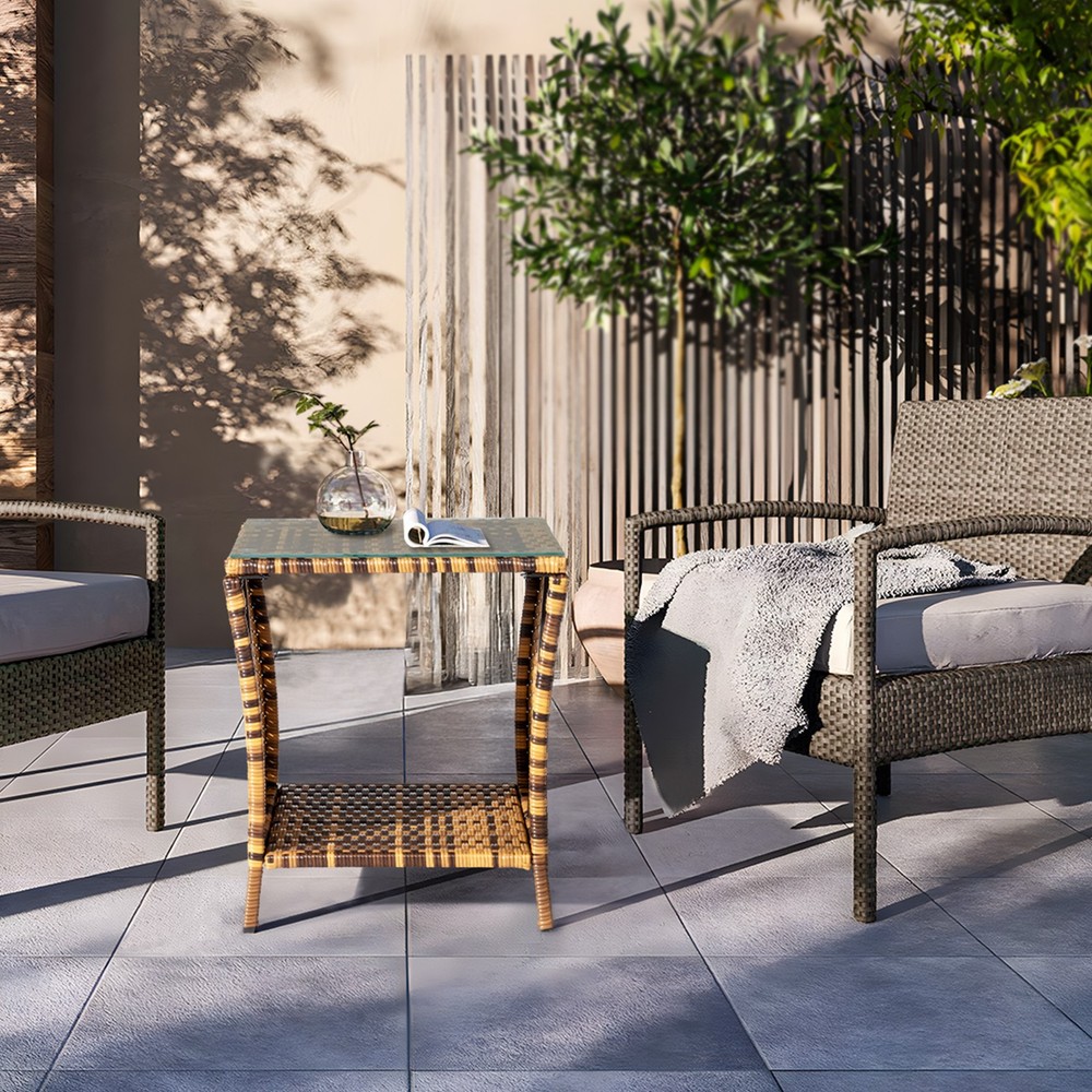 Brand New Glass Surface Yellow Gradient Iron Frame Rattan Side Table --