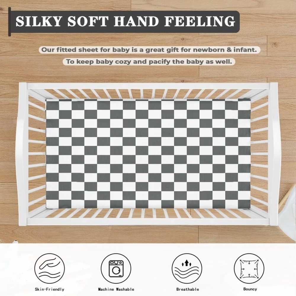 Checkered Fitted Crib Sheet Grey and White Plaid Geometric Gingham Standard C...