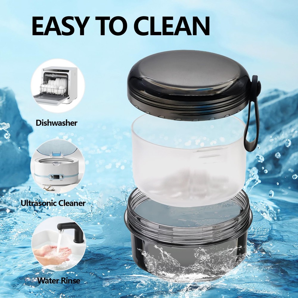 Leak Proof Denture Cups for Soaking Dentures with Strainer Transparent Black