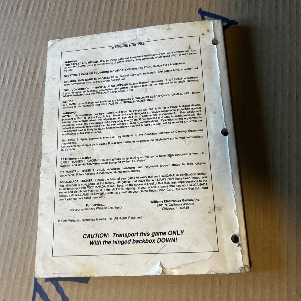 Original Monster Bash Williams Pinball arcade game manual
