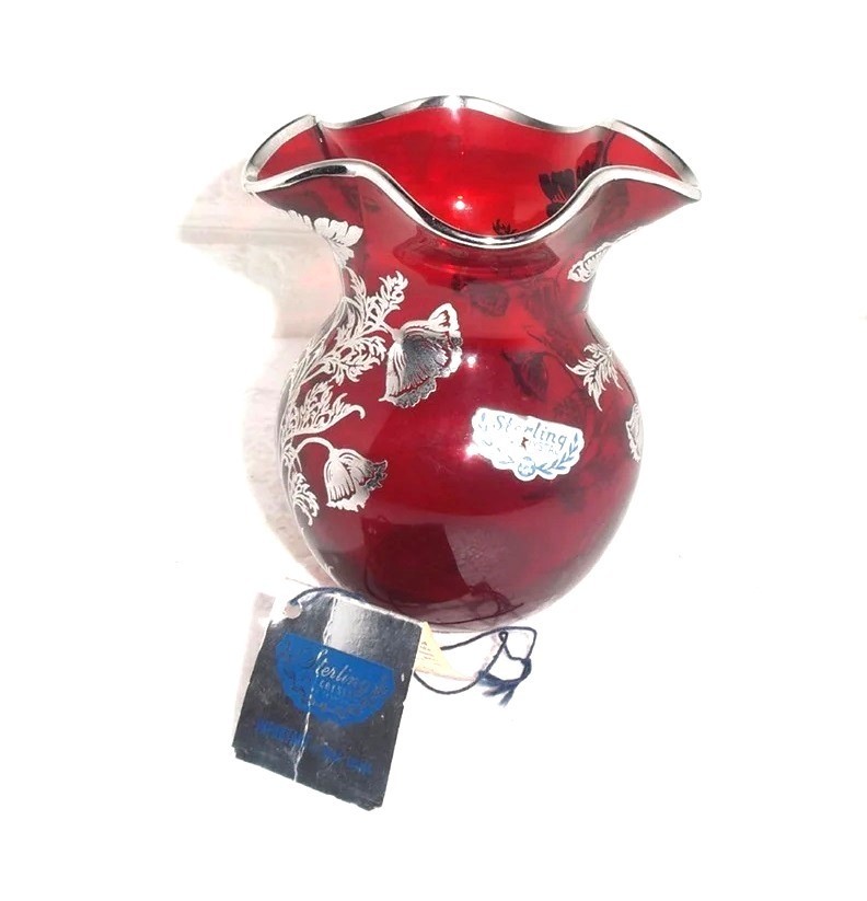 Sterling silver embossed red glass vase