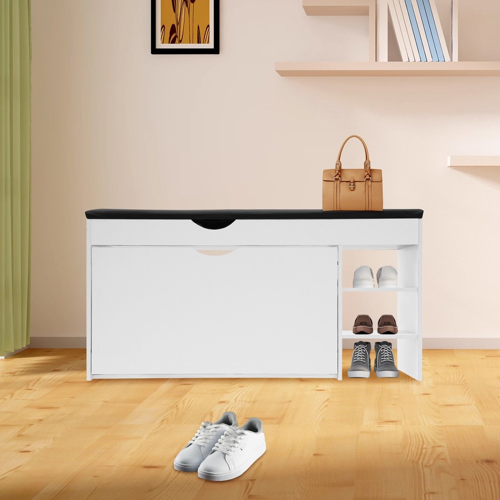 Space-Saving Triple-Fold Shoe Rack with Bench, Warm White, Entryway Storage