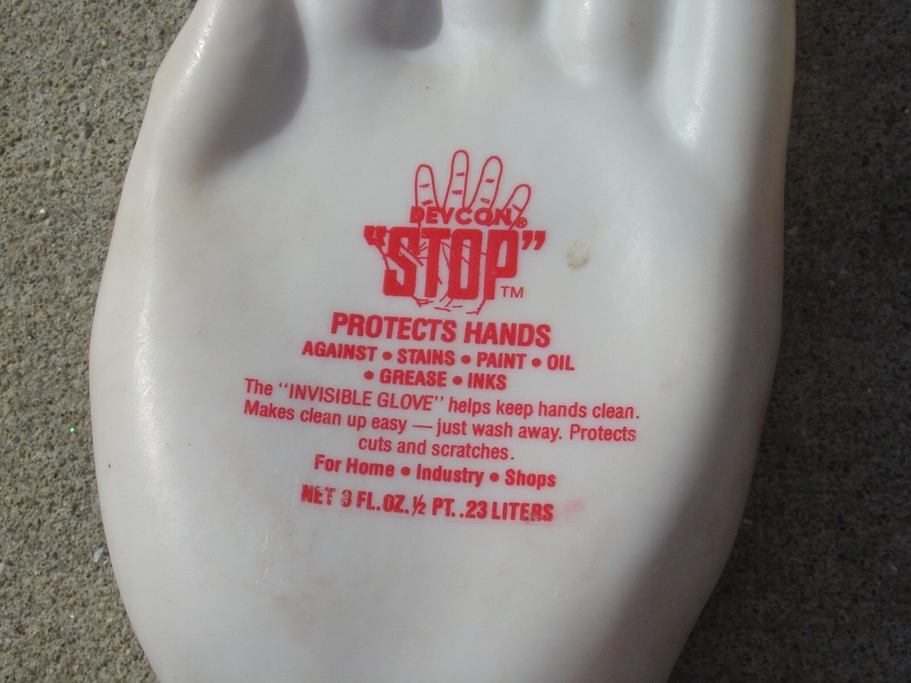 Vtg Devcon Stop Plastic Human Hand Palm Shape Bottle Garage Mechanic Cleaner