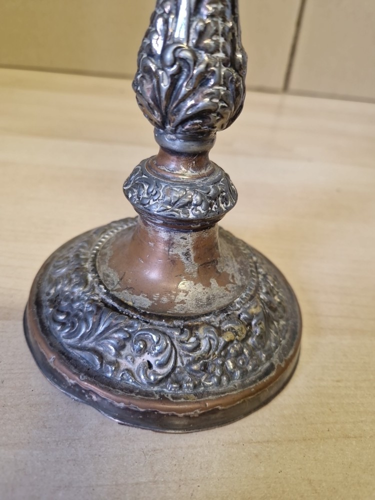 Antique Weighted Silverplate on Copper Candlestick Embossed Pattern 25cm Tall