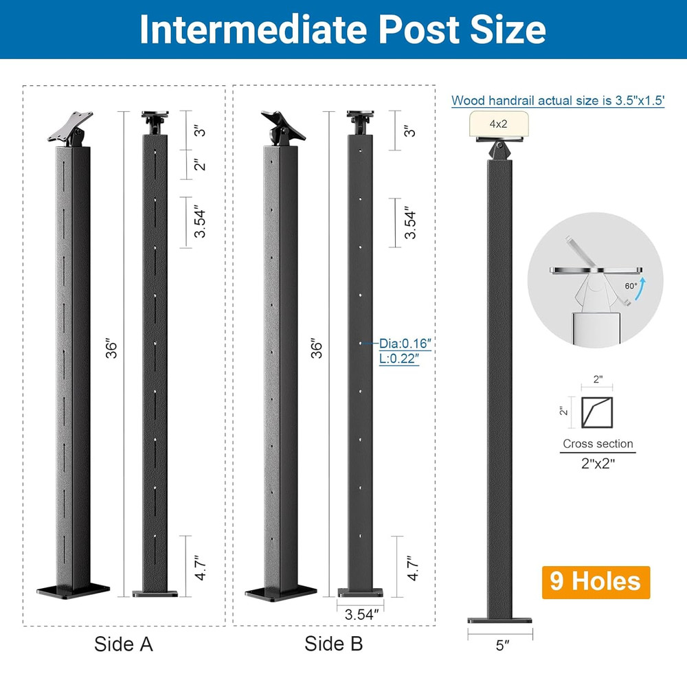 Stainless Steel Adjustable Cable Railing Posts - 2 Pack, Black Finish