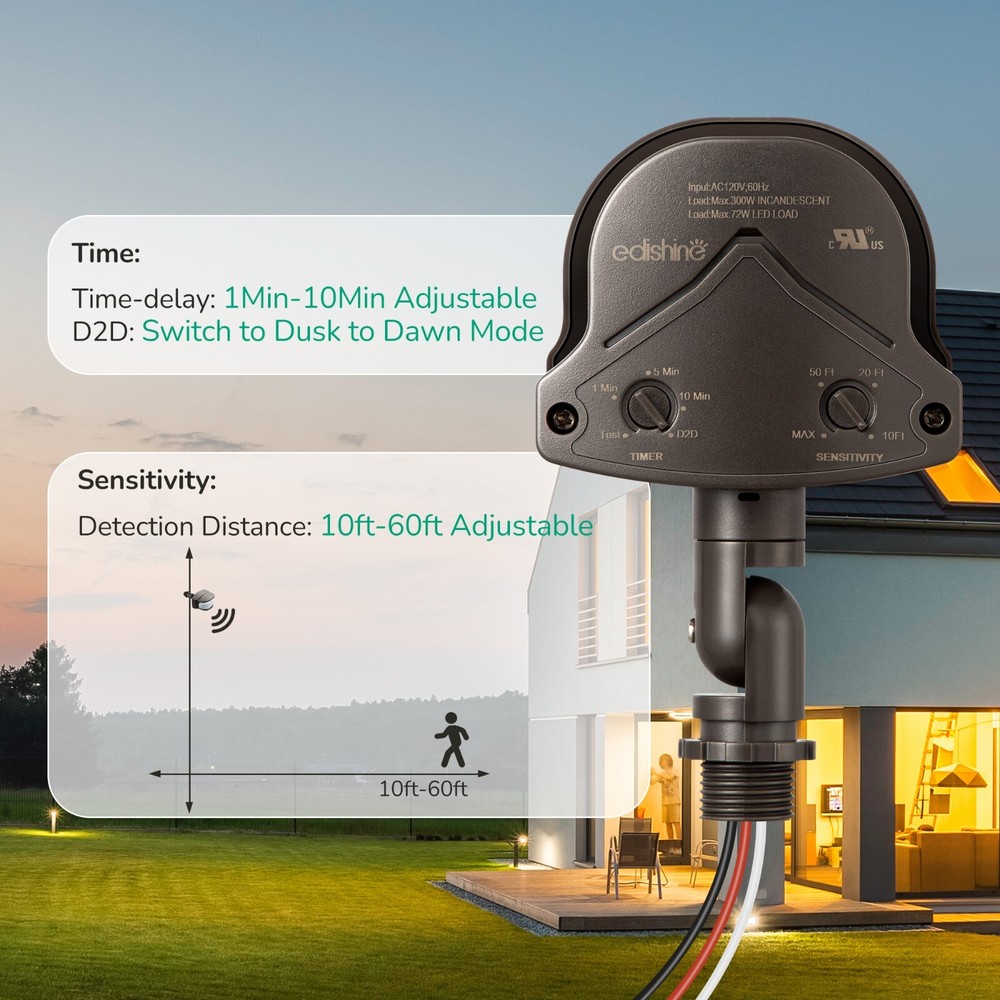 EDISHINE Motion Sensor, Automatic Dusk to Dawn,Motion PIR Sensor, Adjustable