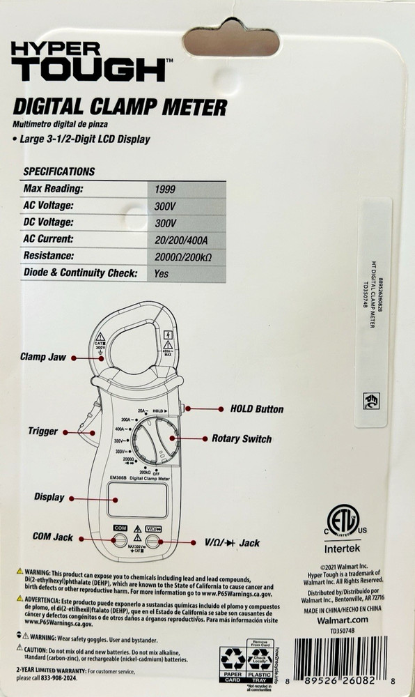 Hyper Tough Digital Clamp Meter Electrical Wire Current Tester with LCD Screen