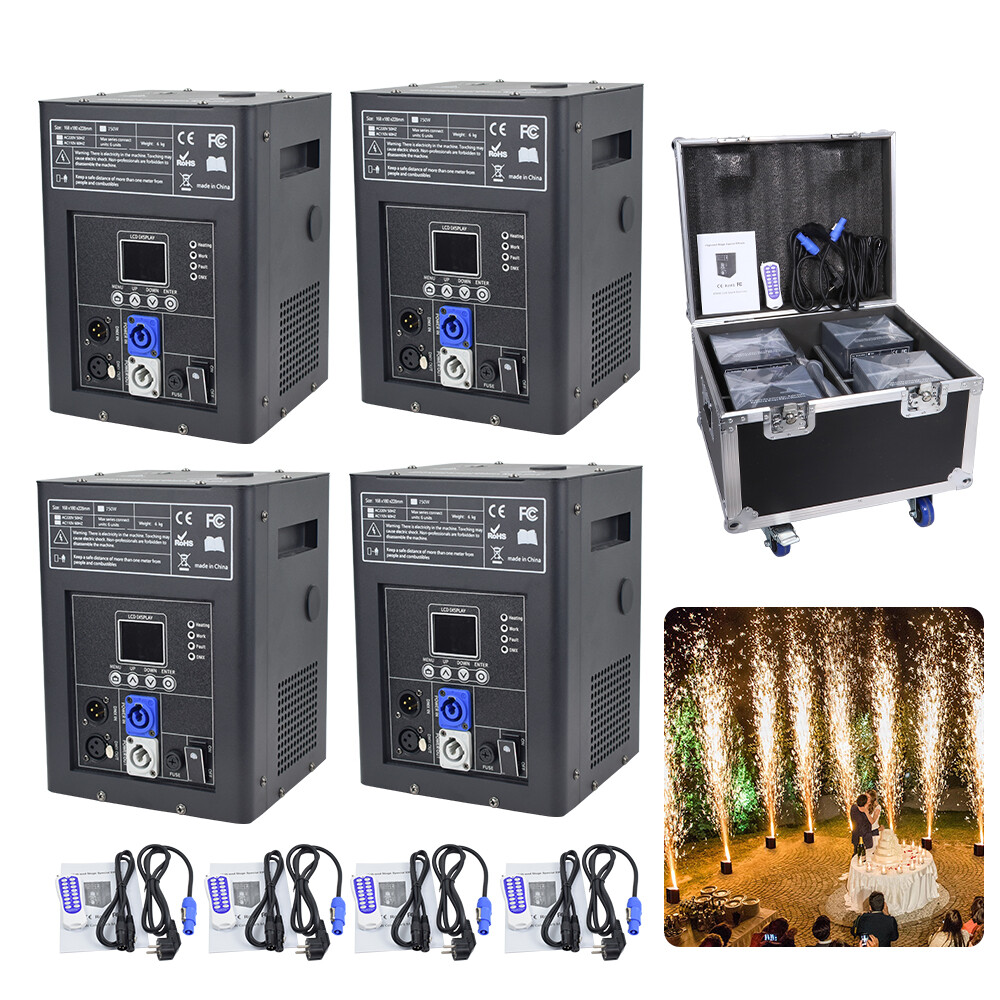 4PCS LCD Cold Spark Firework Machine 750W Stage Effect DMX with Flight Case