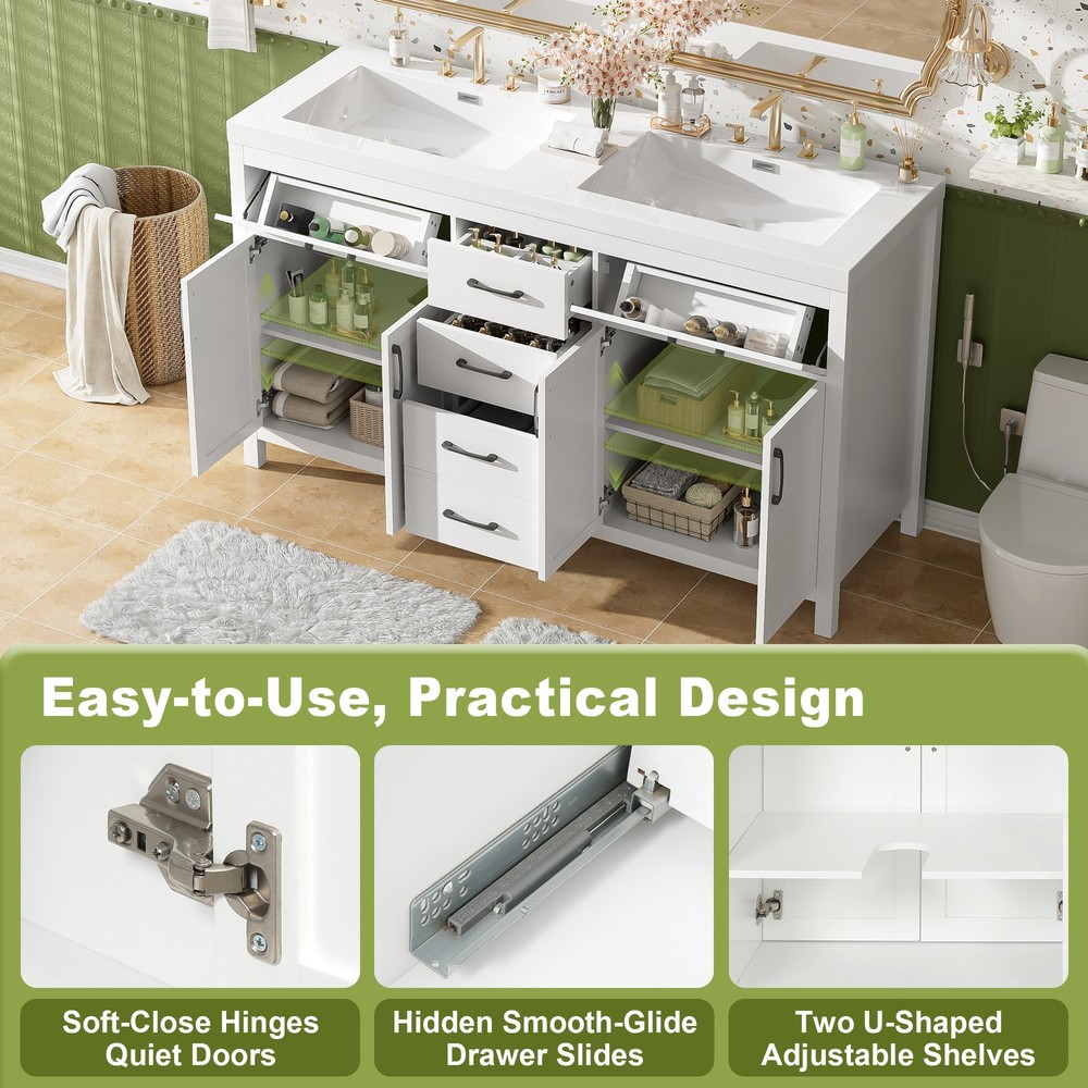 59.3" Bathroom Vanity with Solid Wood Frame, Double SMC Sink,4 Doors, 3 Drawers