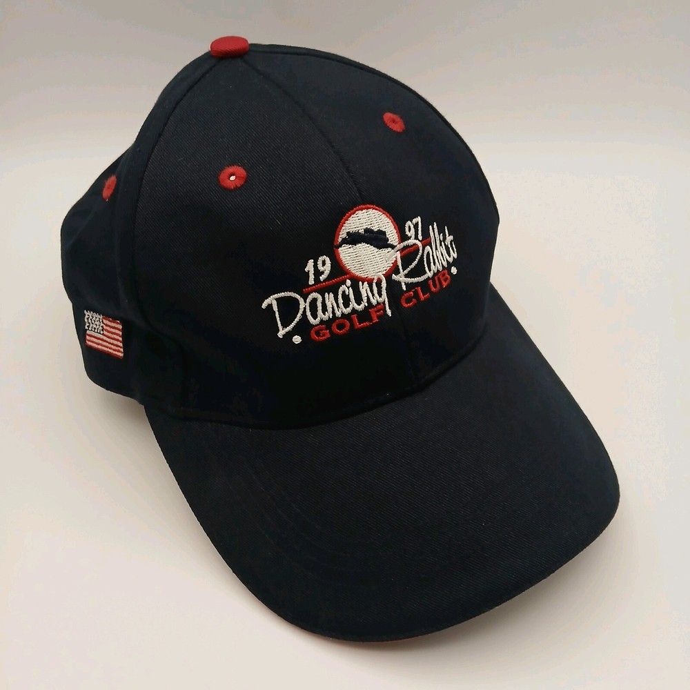 Dancing Rabbit Golf Club Hat Cap Ahead Strapback Navy Blue White Red Script Flag