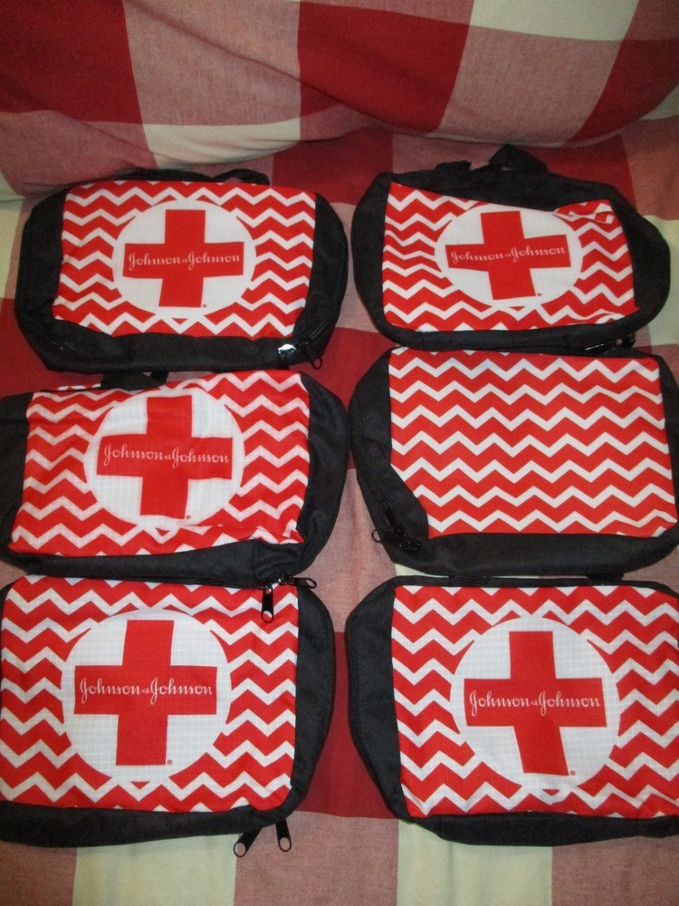 6 First Aid Kit Empty Zippered Bag Red Black Soft Side Johnson & Johnson Pouch