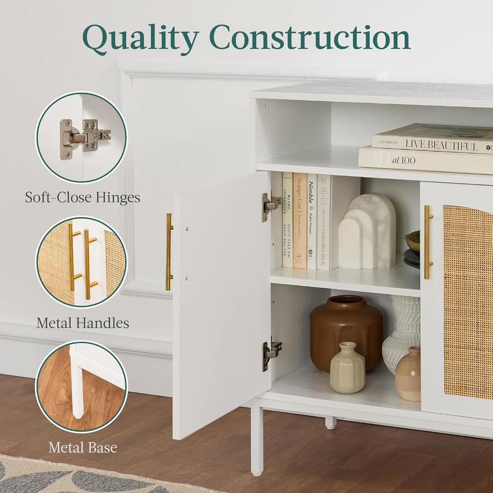 White Rattan Sideboard Buffet Cabinet - Stylish Accent Console Table