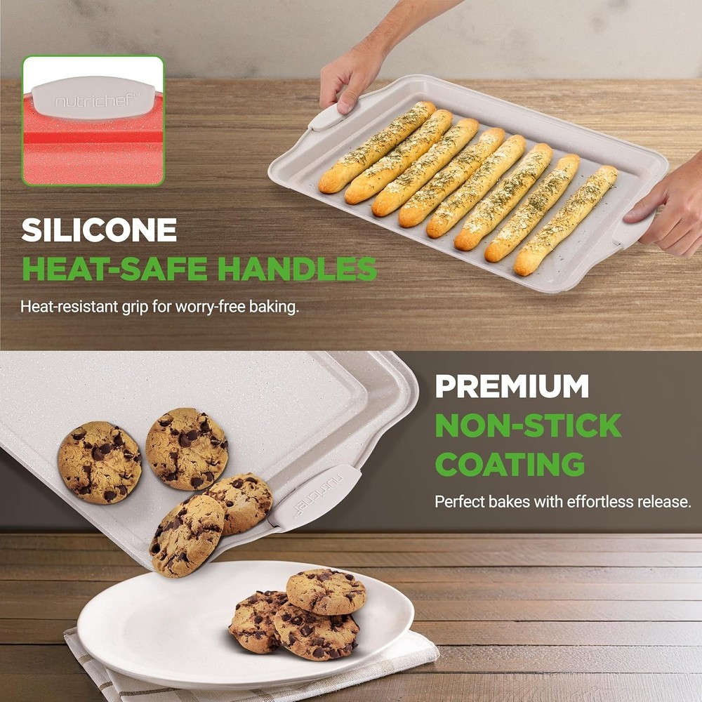 NutriChef NCBKT3CM 3 Piece Nonstick Cookie Sheets for Baking (Open Box)
