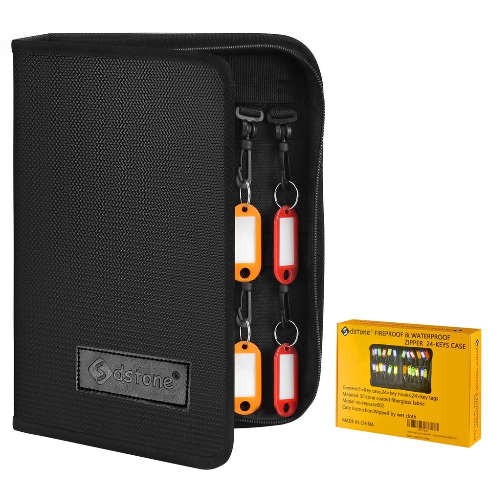 Portable Zippered Key Organizer Case Fireproof Waterproof Binder 24 Tags Storage
