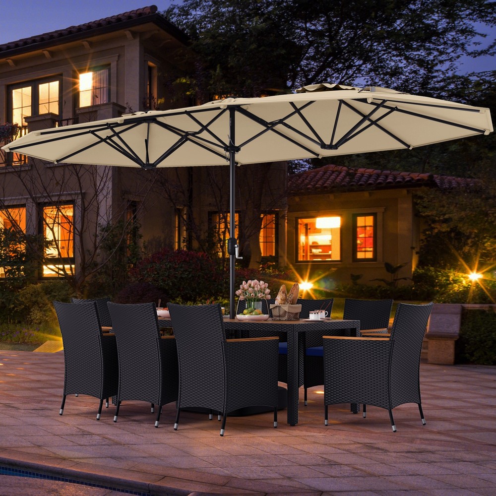 11 PCS Patio Wicker Dining Set w/Double-Sided Outdoor Umbrella 8 Stackable