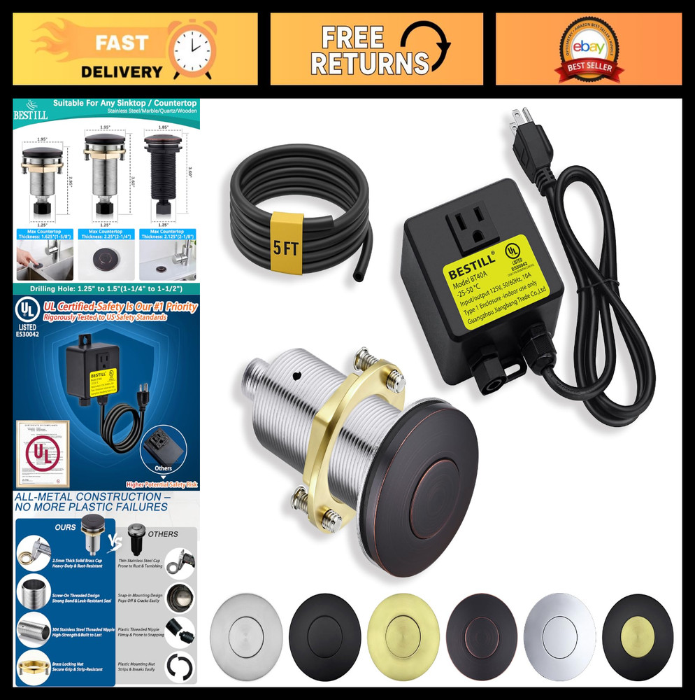 Air Switch Kit for Garbage Disposal - Metal Push Button, UL Listed, Solid Brass,