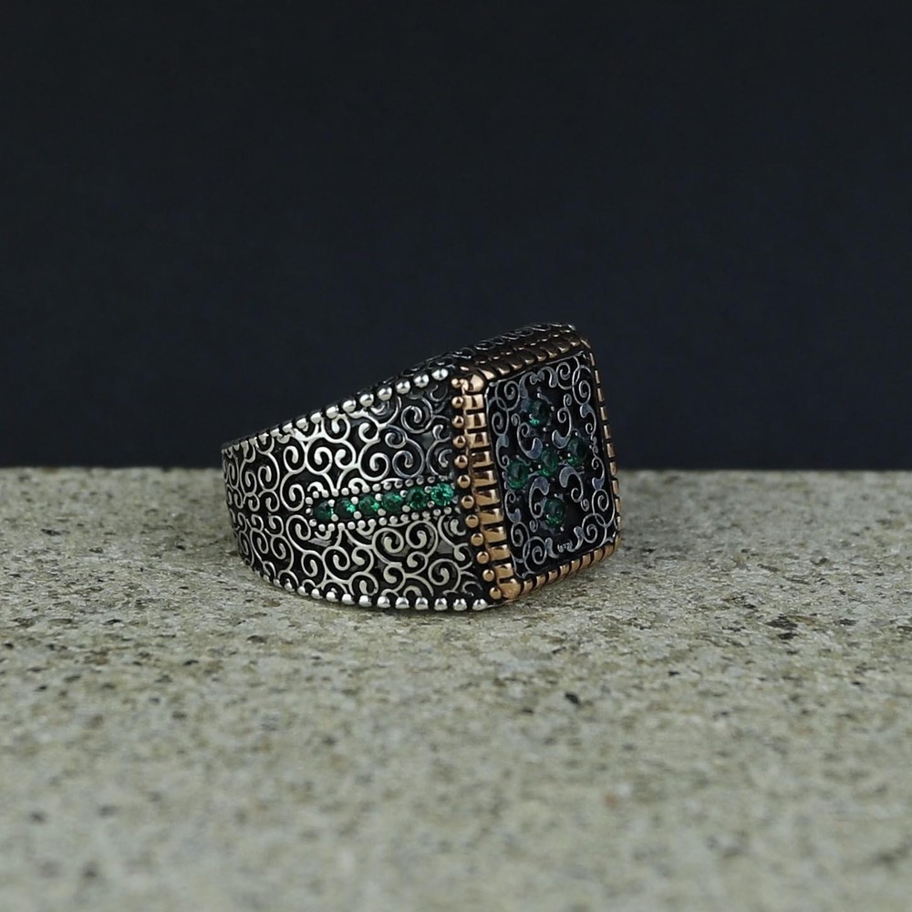 925 Sterling Silver Men Handmade Emerald Stone Engraved Handmade Ring