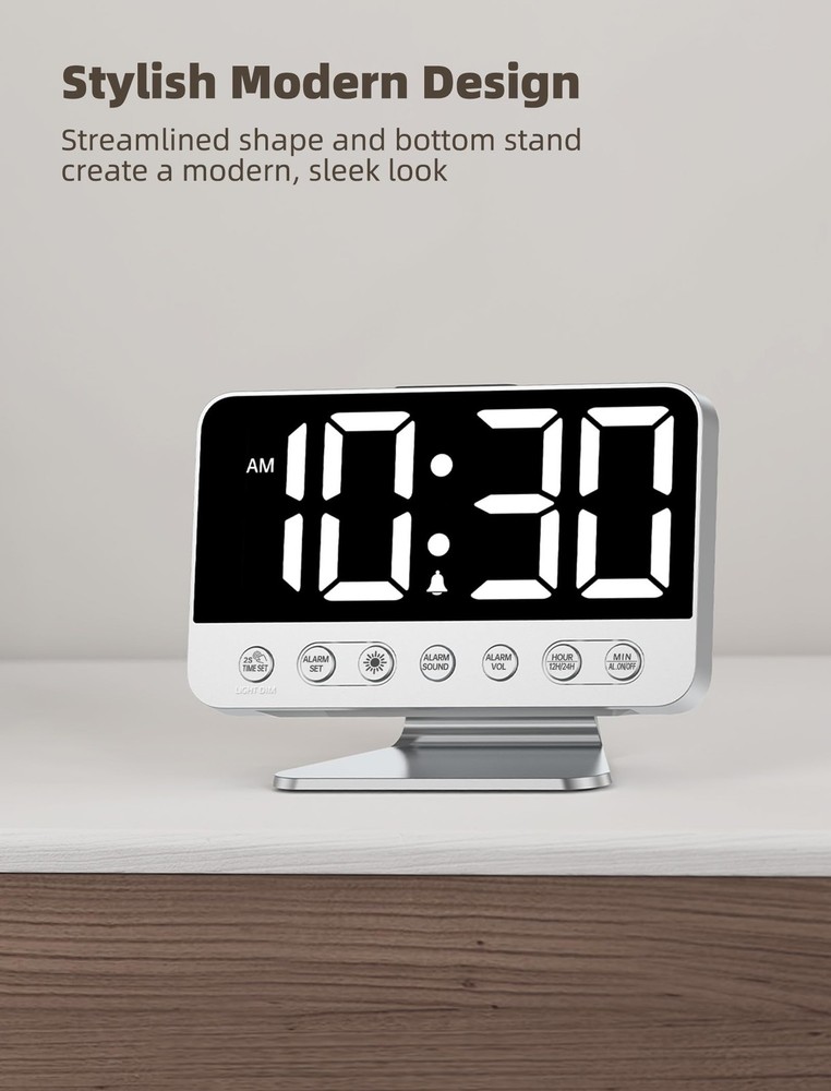 Odokee Digital Alarm Clocks for Bedrooms: Large Bold Silver - White Digits