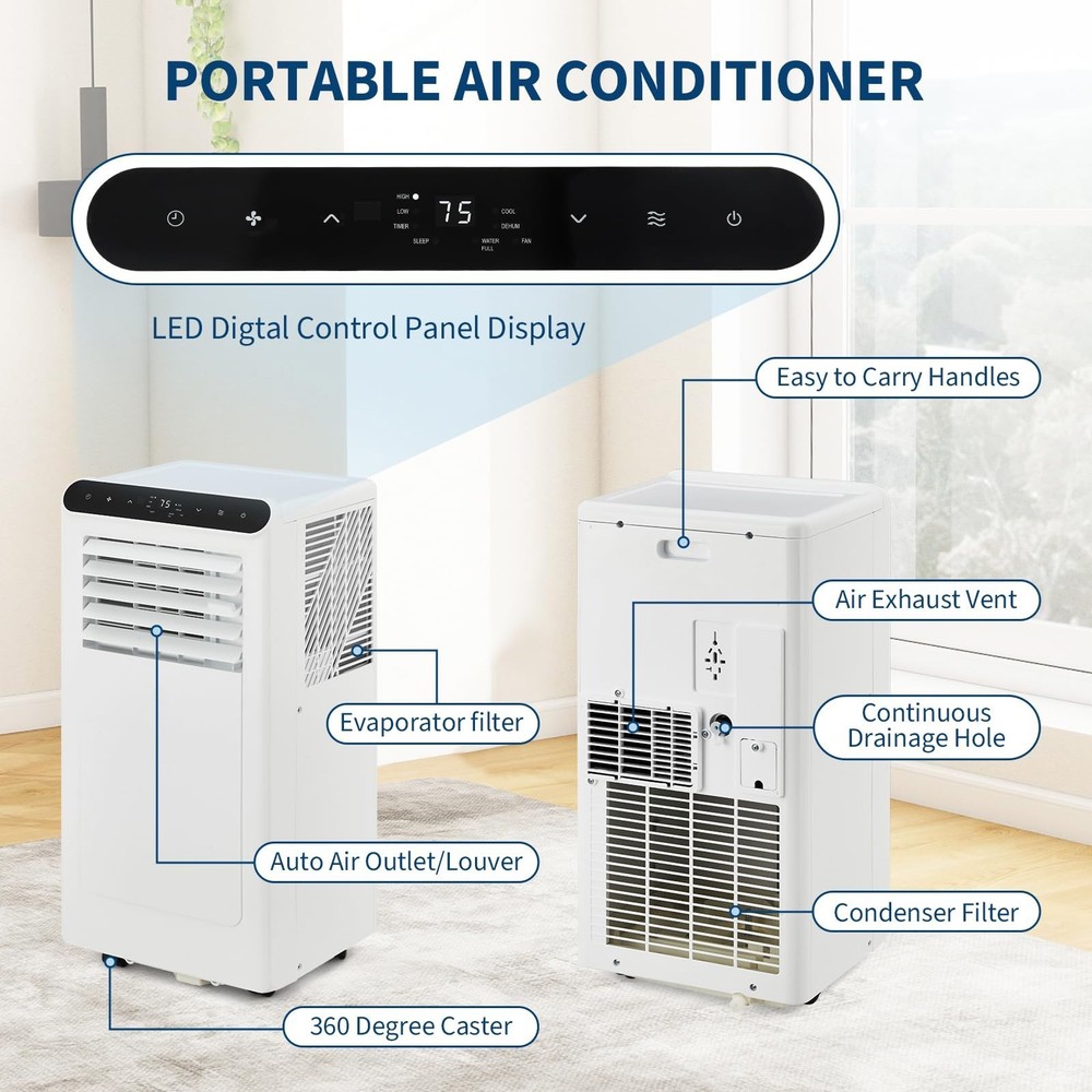8000 BTU Portable Air Conditioner 3-in-1 Mobile AC Unit Remote Control 24H Timer