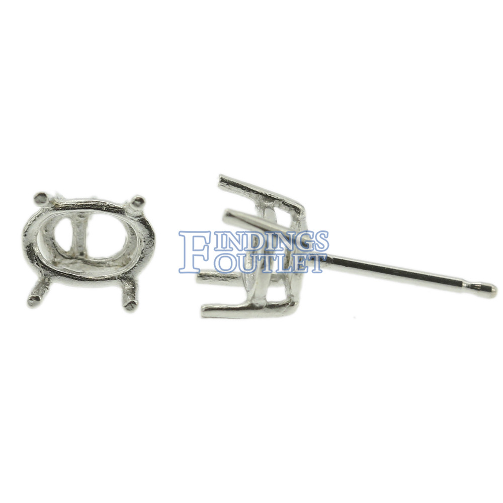 14k White Gold Oval Stud Earring Mounting Setting Push Back Post 4 Prong