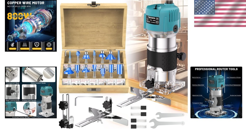800W Compact Wood Router Tool + 15-Piece Carbide Bits