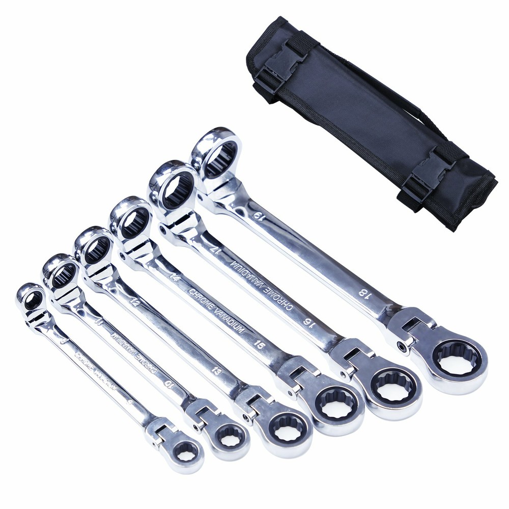 6Pcs Universal Double Box End Ratcheting Wrench Flex-Head Extra Long Spanner Set