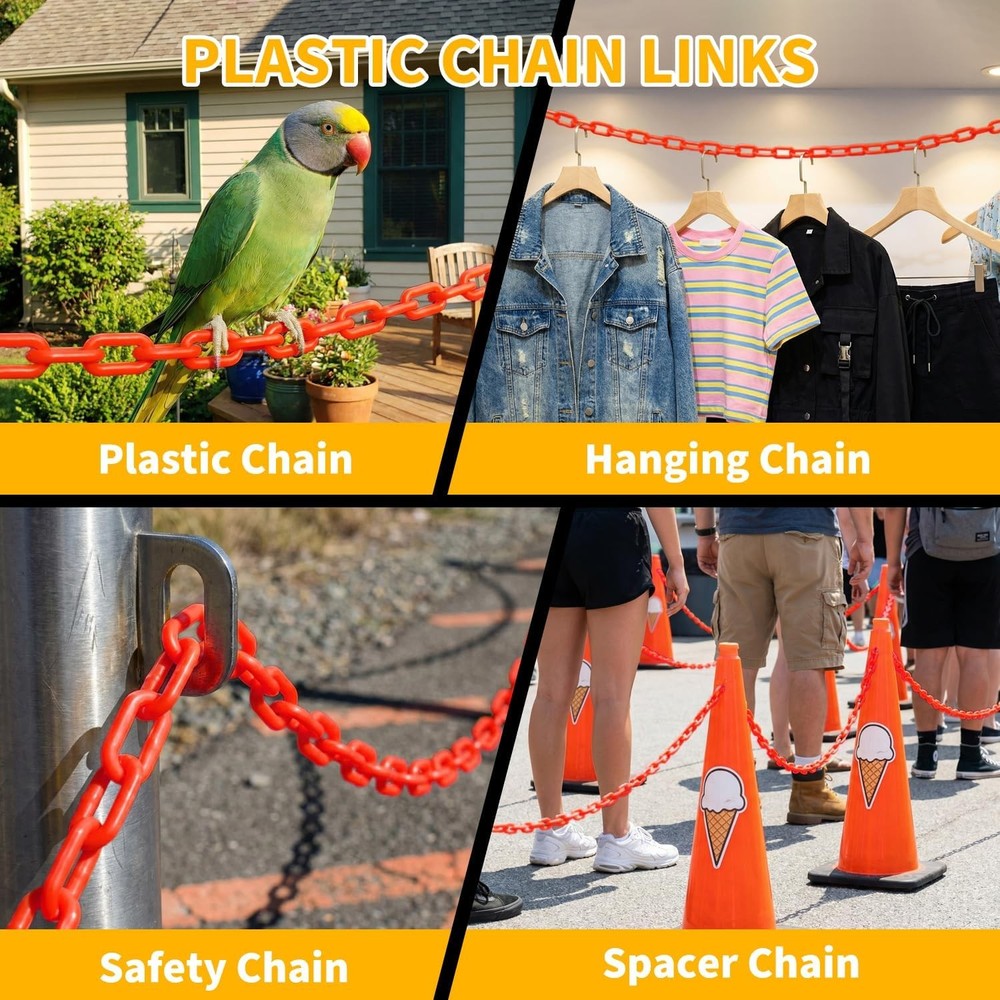 Plastic Chain Links 120FT Heavy Duty Barrier Chain Rustproof w/ 25 Hooks Set
