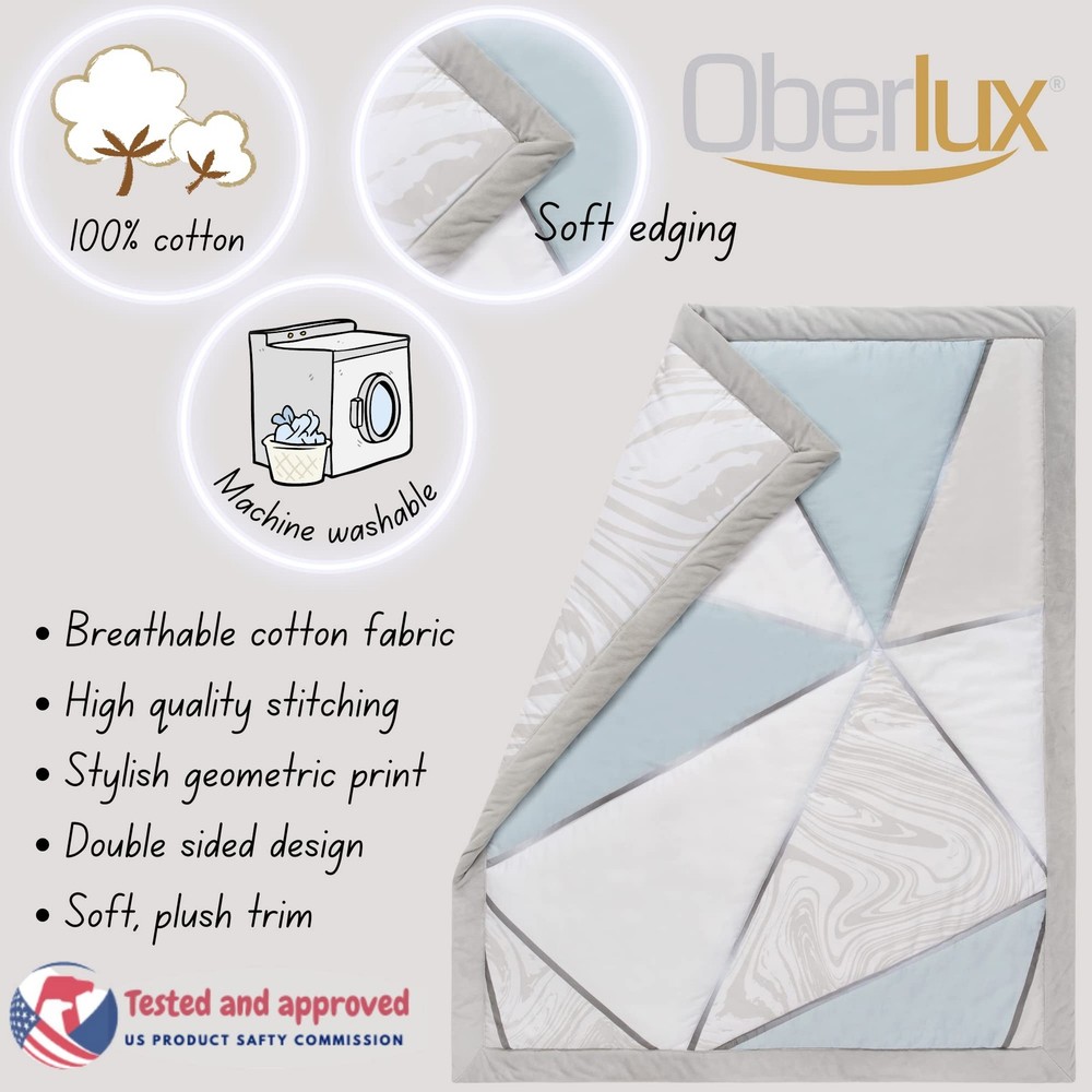 OBERLUX Crib Bedding Set for Boys | 4 Piece Set, Blue, Gray, White, Silver