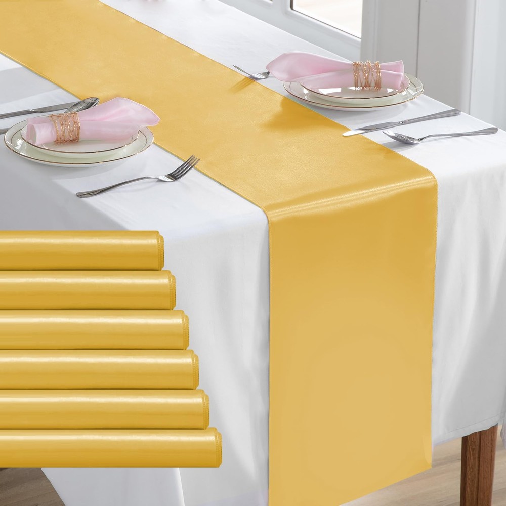6 Pack Gold Table Runners 12 x 108 Inch Rectangular Smooth Satin Silk Decor