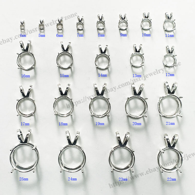 Non-Plated Sterling Silver Pre-Notched Pendant Setting 6mm Round Setting 4 Prong
