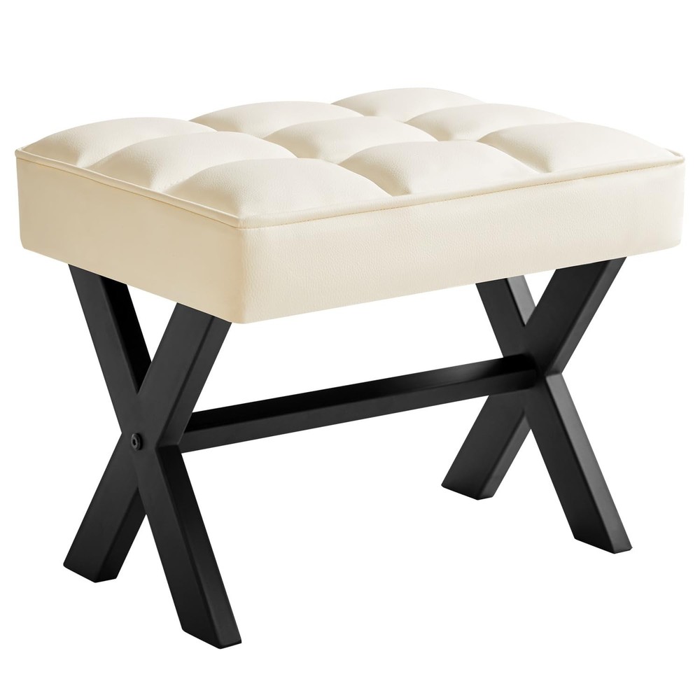 12 Inch Square PU Foot Stool with Metal X-Leg Small Side Table White