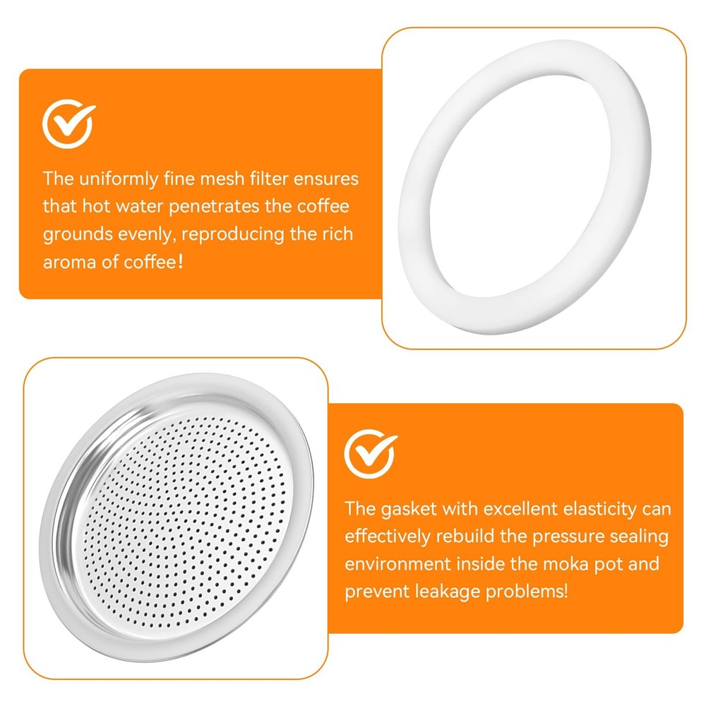 Moka Pot Replacement Gasket and Filter, 6 + 2 Filter 3/4cup, White