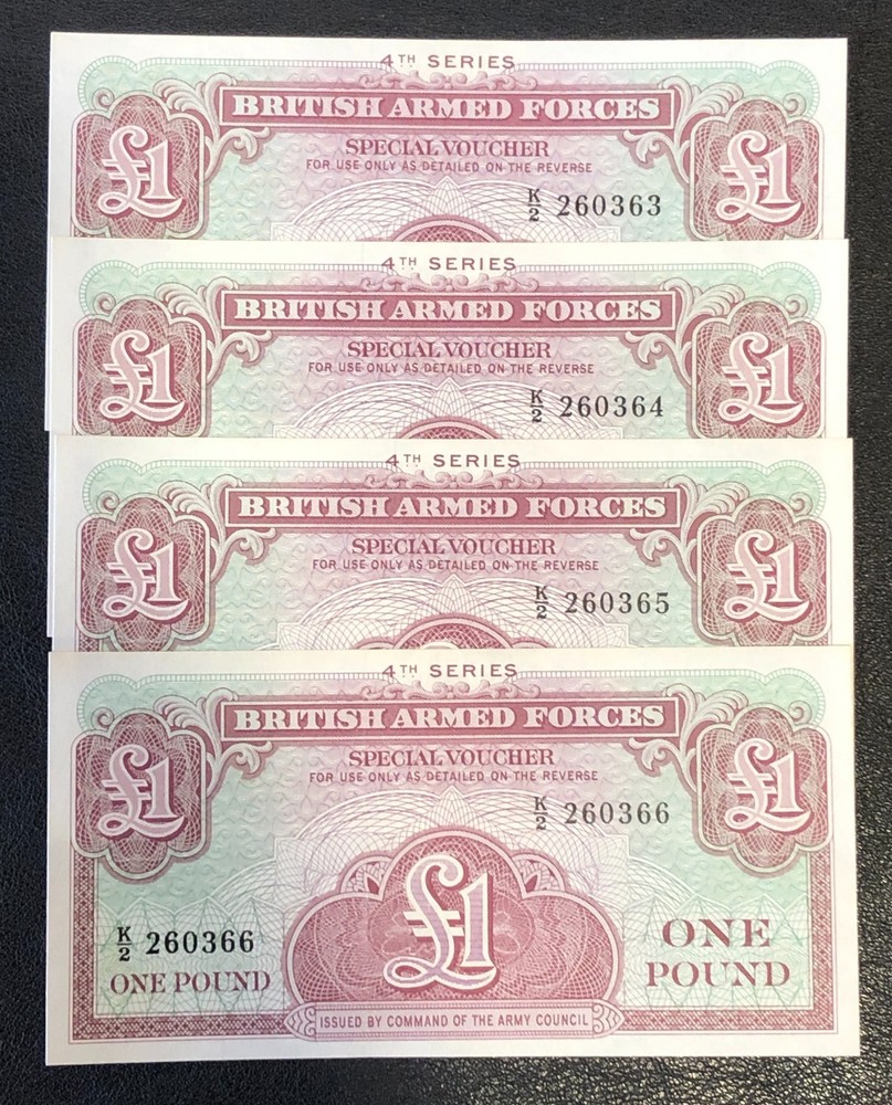 (4)x Great Britain British Armed Forces 1 Pound CONSECUTIVE SER. #'s Notes UNC!
