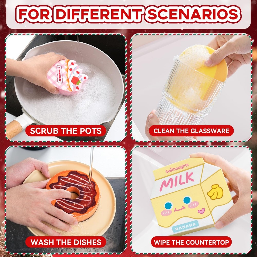 4-Piece Milk & Bread Sponge Set (4 Unique Designs) - Double-Sided Kitchen Cle...